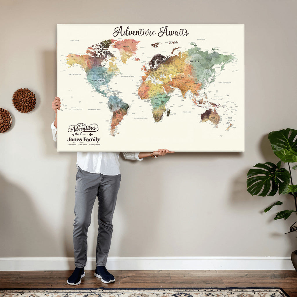 Custom Beige World Map Canvas with Push Pins, Honeymoon and Anniversary Gift, Dining Room and Entryway Decor