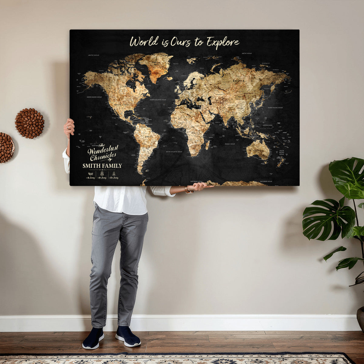 Personalized Framed Black Beige Modern World Travel Map Wall Art with Pins, Bucket List Map, Living Room and Hallway Decor
