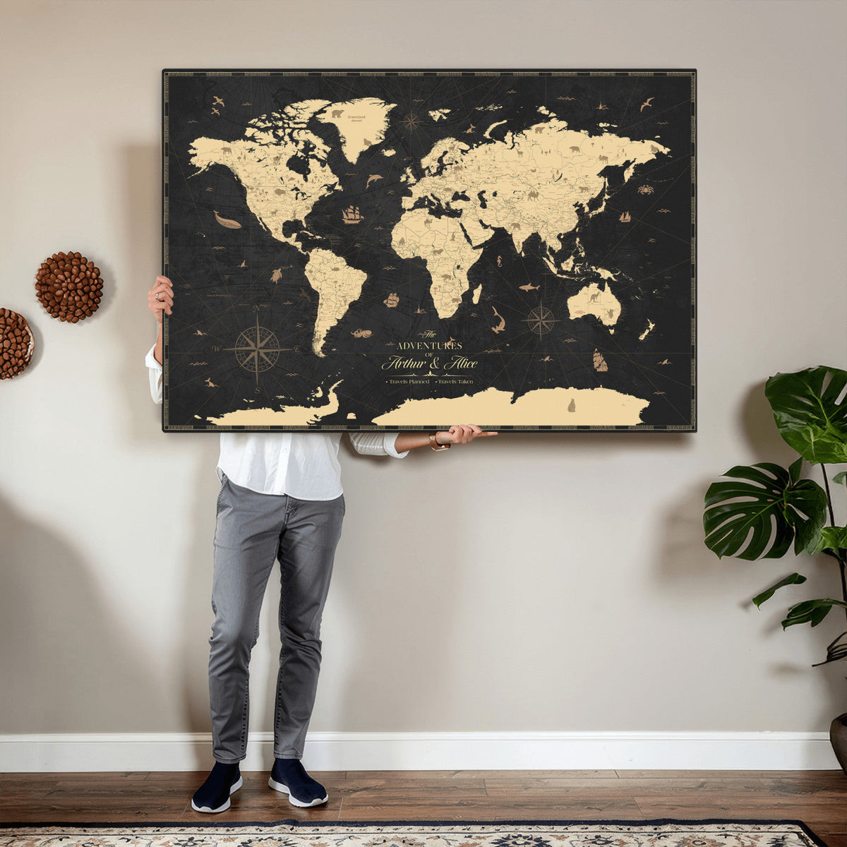 Personalized Beige Push Pin World Map Canvas Print, Places Visited Tracker, Home Office and Study Decor