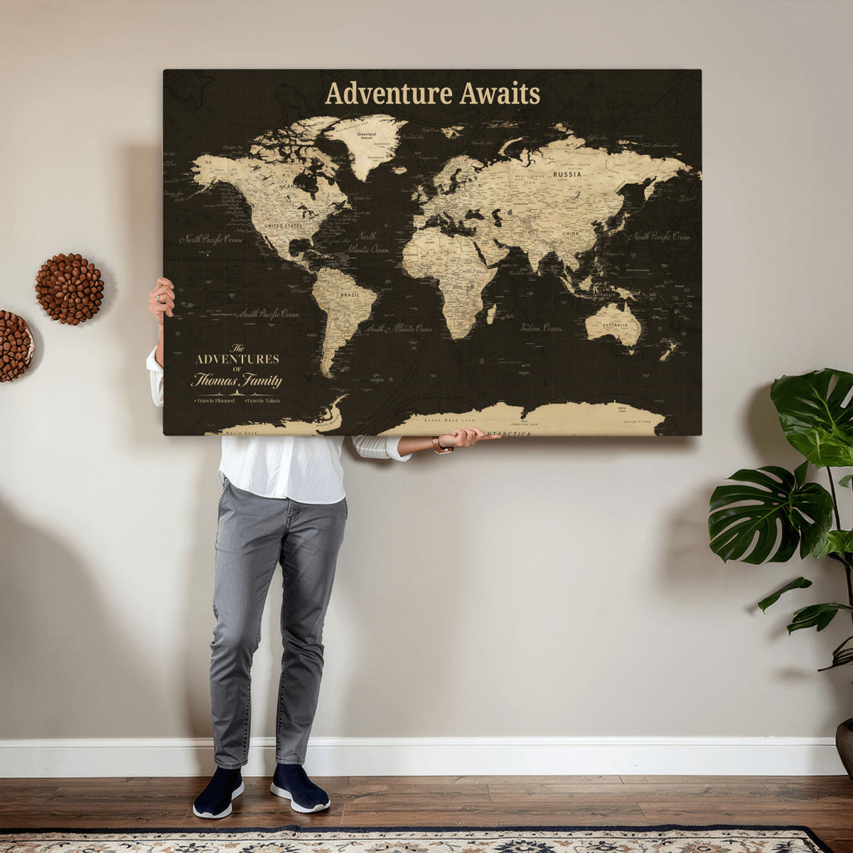 Custom Beige Push Pin World Map Wall Art, Next Trip Planner Map, Living Room and Home Office Decor