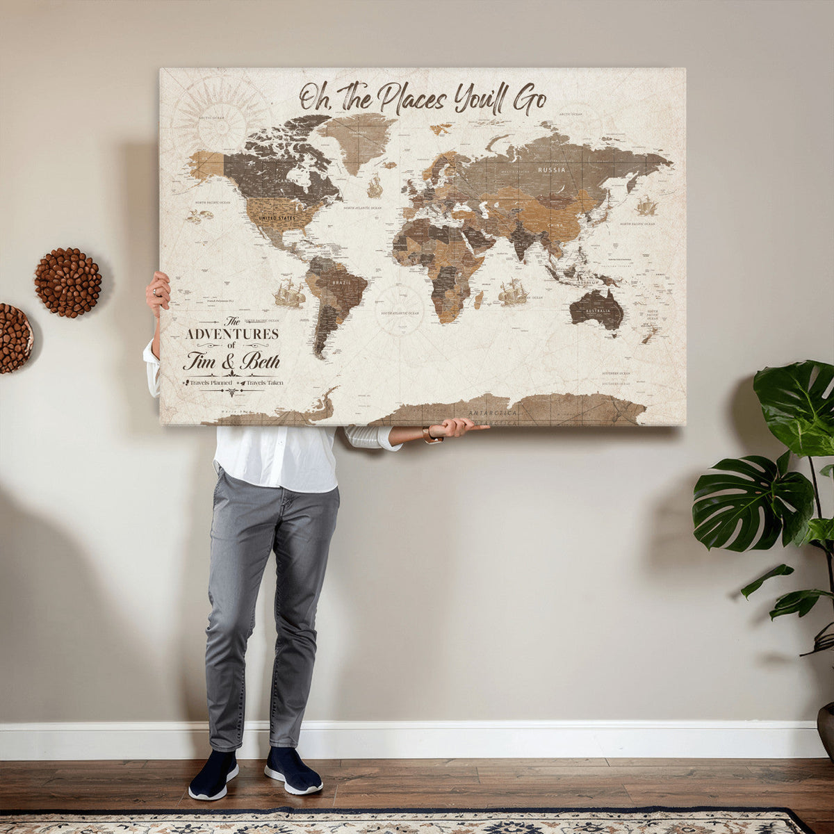 Custom Beige World Travel Map Wall Art with Pins, Couples Countries Visited Map, Living Room and Study Decor