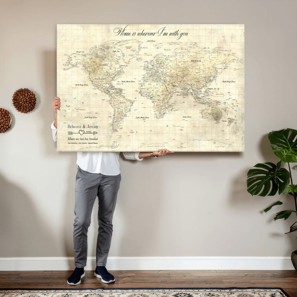 Personalized Beige Modern Push Pin World Map Wall Art, Honeymoon and Anniversary Gift, Bedroom and Study Decor