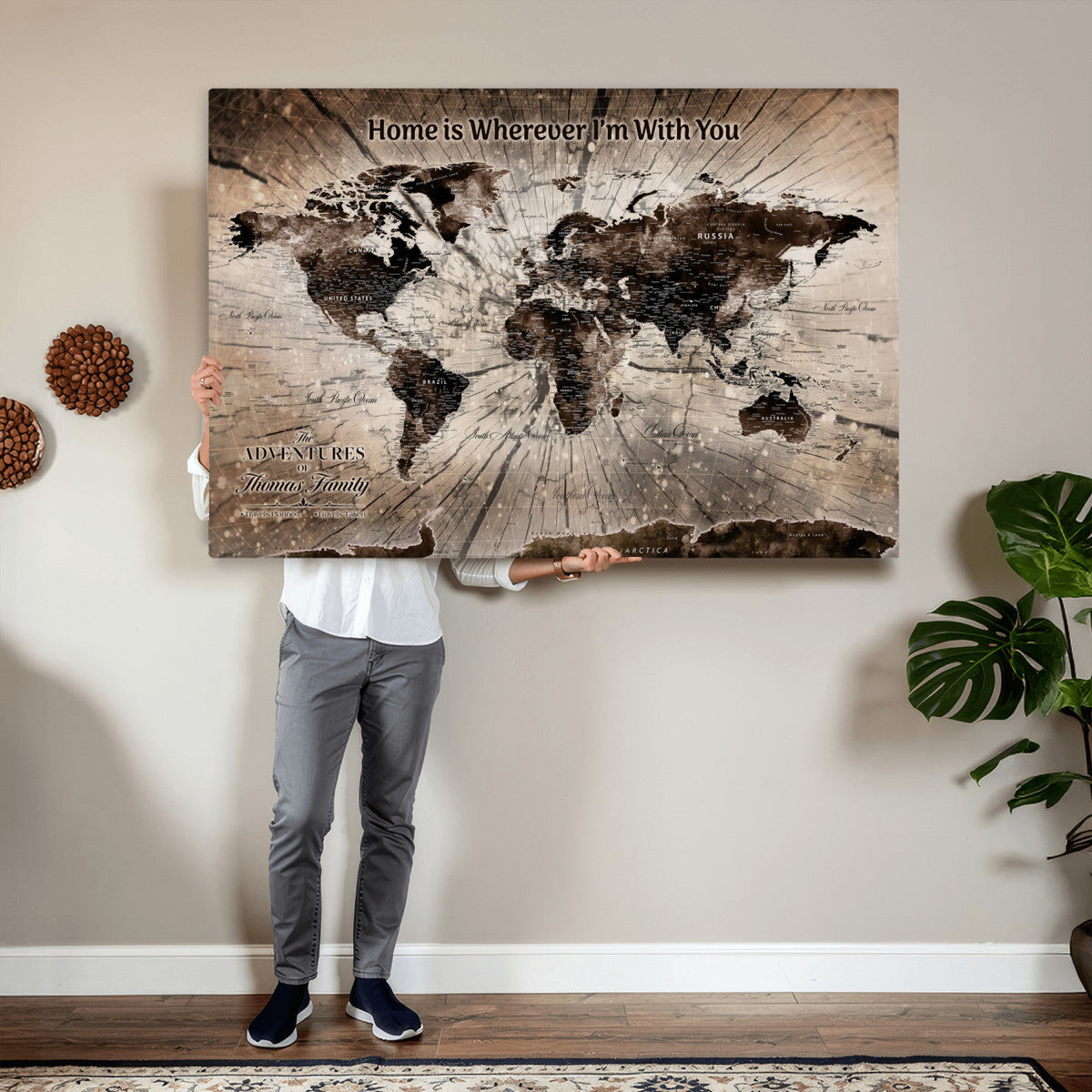 Personalized Push Pin World Map Wall Art Canvas Print, Customizable Framed Travel Map - NEWMAP-085