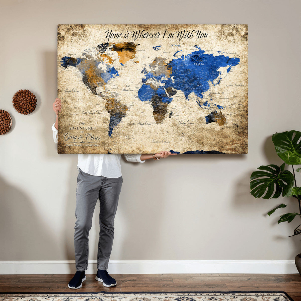 Personalized Framed Beige World Map Canvas with Push Pins, Honeymoon and Anniversary Gift, Living Room and Home Office Decor
