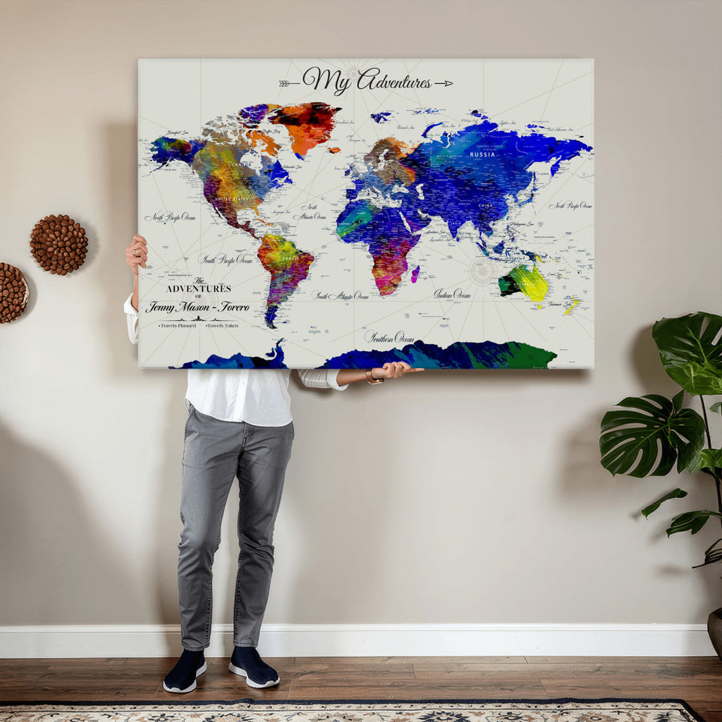 Detailed Custom Framed Beige Modern World Map Canvas with Push Pins, Honeymoon and Anniversary Gift, Dining Room and Home Office Decor