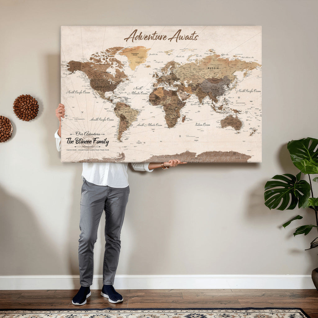 Personalized Framed White Modern Push Pin Travel Map Canvas Print, Bucket List Map, Dining Room and Study Decor