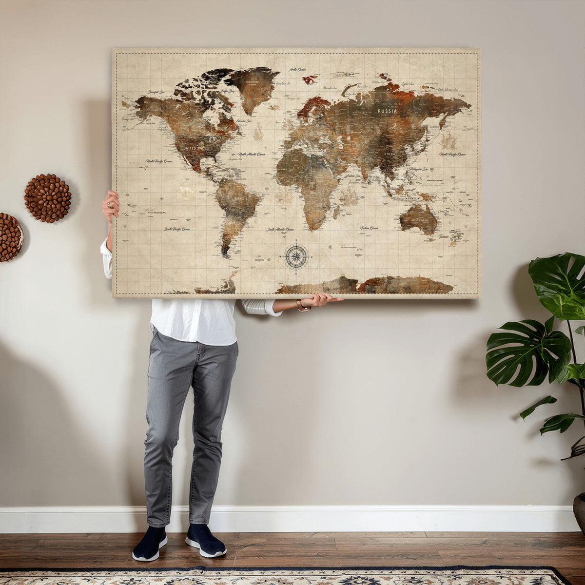 Vibrant Earth Tone World Map Canvas Print | Framed Detailed Map of the World