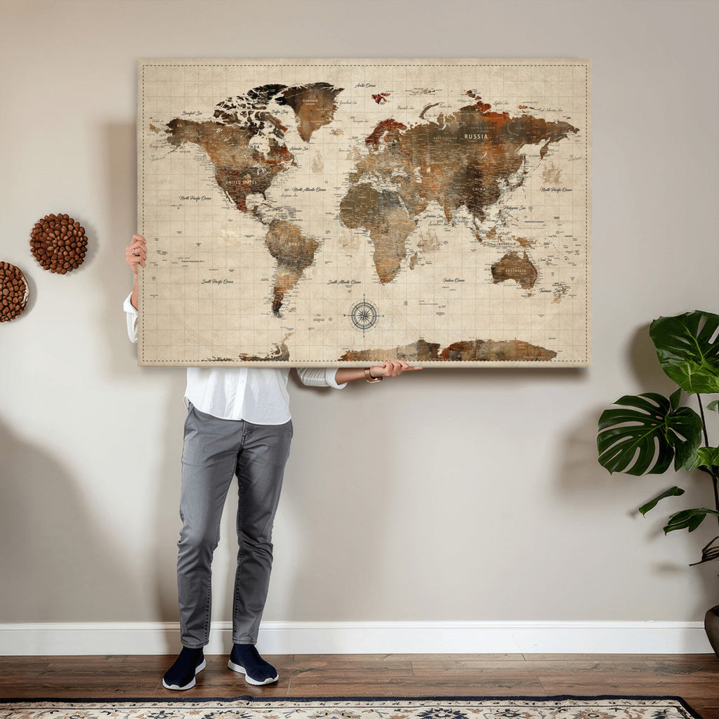 Vintage World Map Wall Art Canvas Print for Living Room, Office and Study