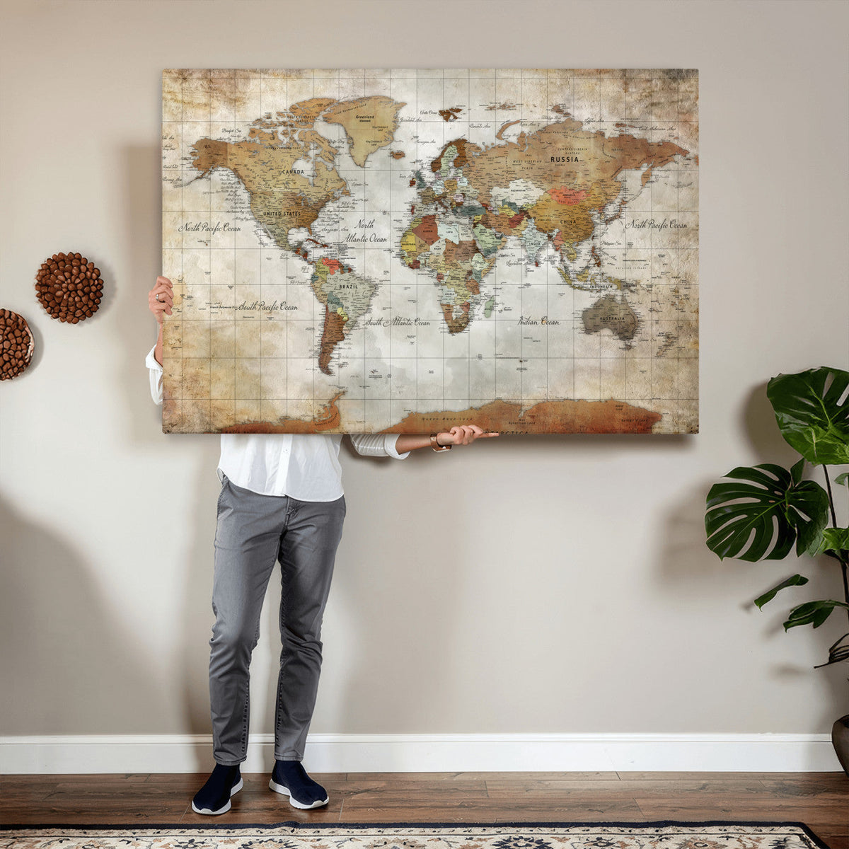 Custom Framed Modern Push Pin World Map Wall Art, Places Visited Tracker, Home Office and Entryway Decor