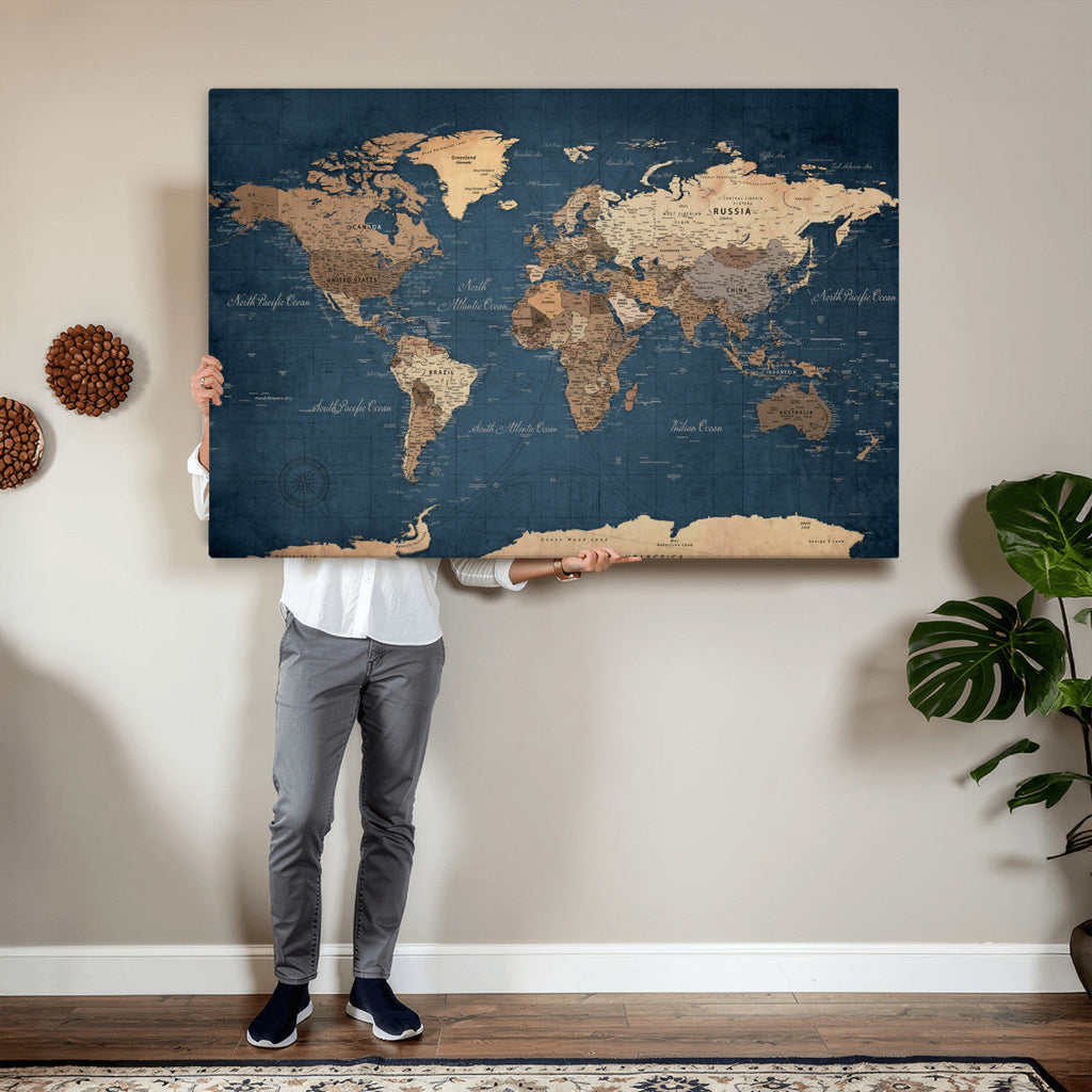 Navy Blue World Map Canvas Print | Framed Travel Map Wall Art