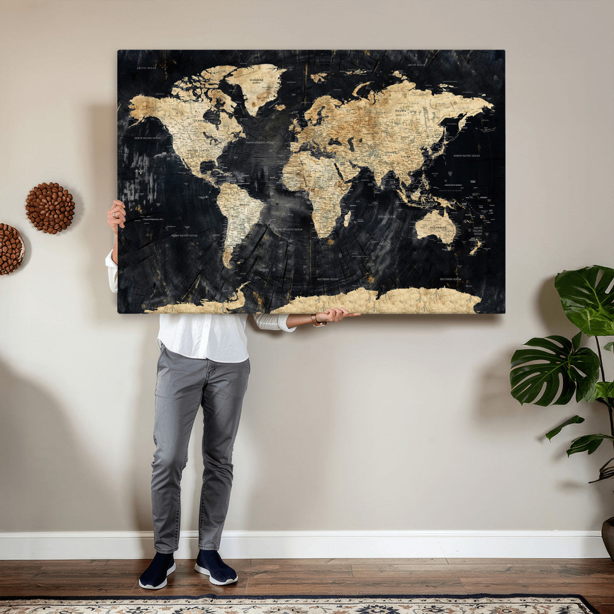 Framed Large World Map Wall Art Canvas Print for Living Room