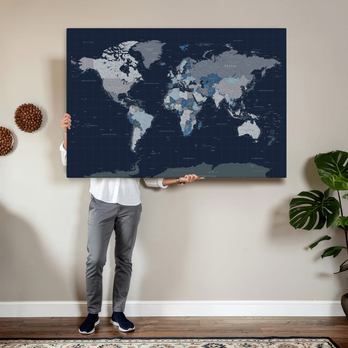 Blue Detailed World Map Wall Art Canvas Print | Modern Framed Map