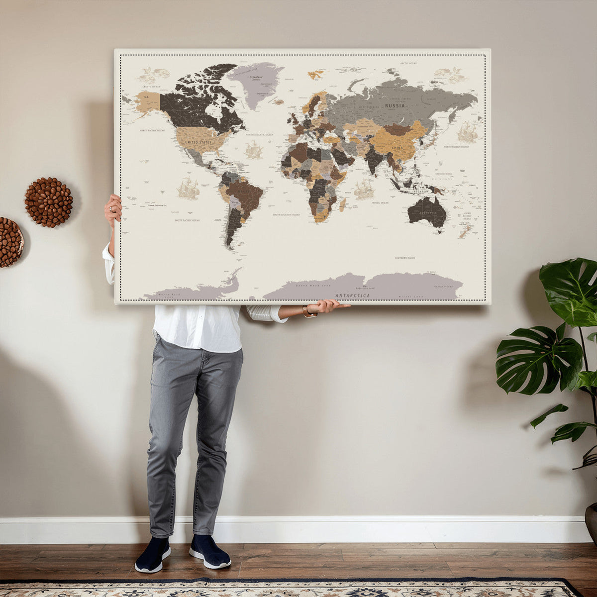 Custom Beige Modern Push Pin World Map Canvas Print, Places Visited Tracker, Bedroom and Study Decor
