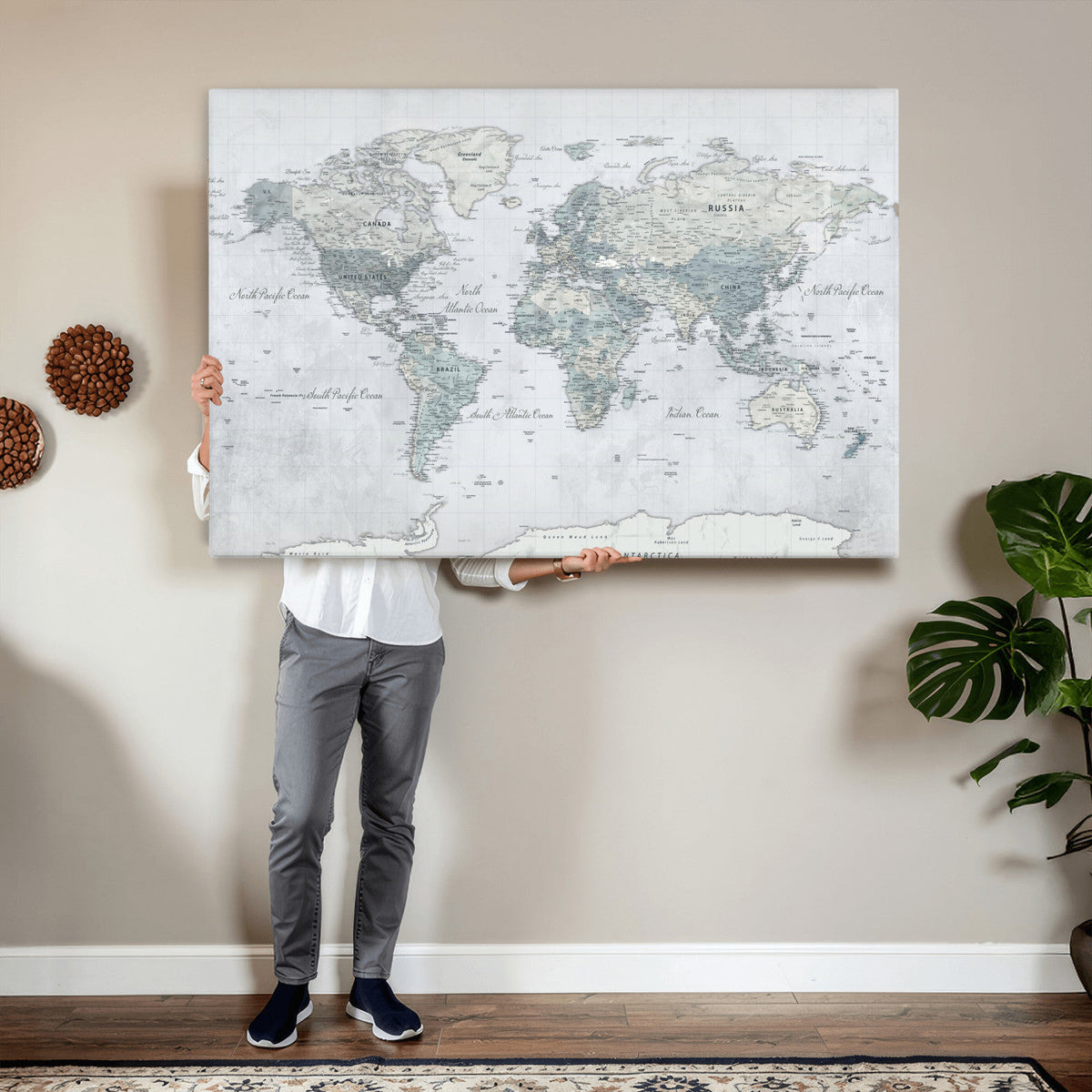 Push Pin World Map Canvas Print - Detailed Vintage World Map