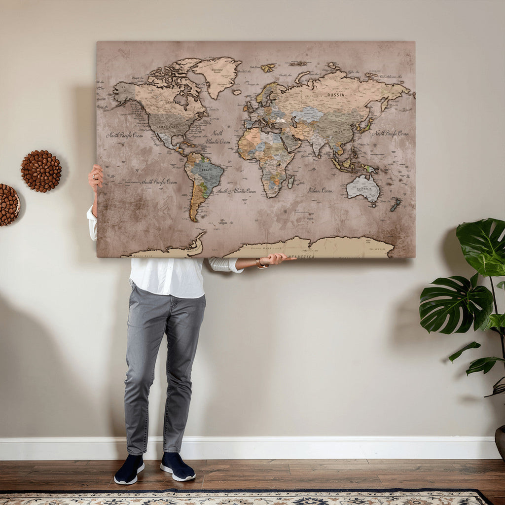 Grunge World Map Canvas Wall Art - Vintage Aged World Map with Golden Tones