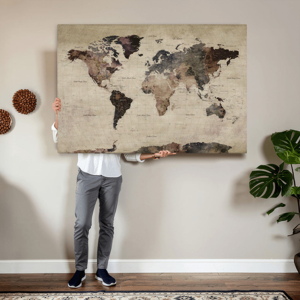 World Map Canvas Print, Detailed Map of the World, Adventure Gift for Couples and Anniversaries