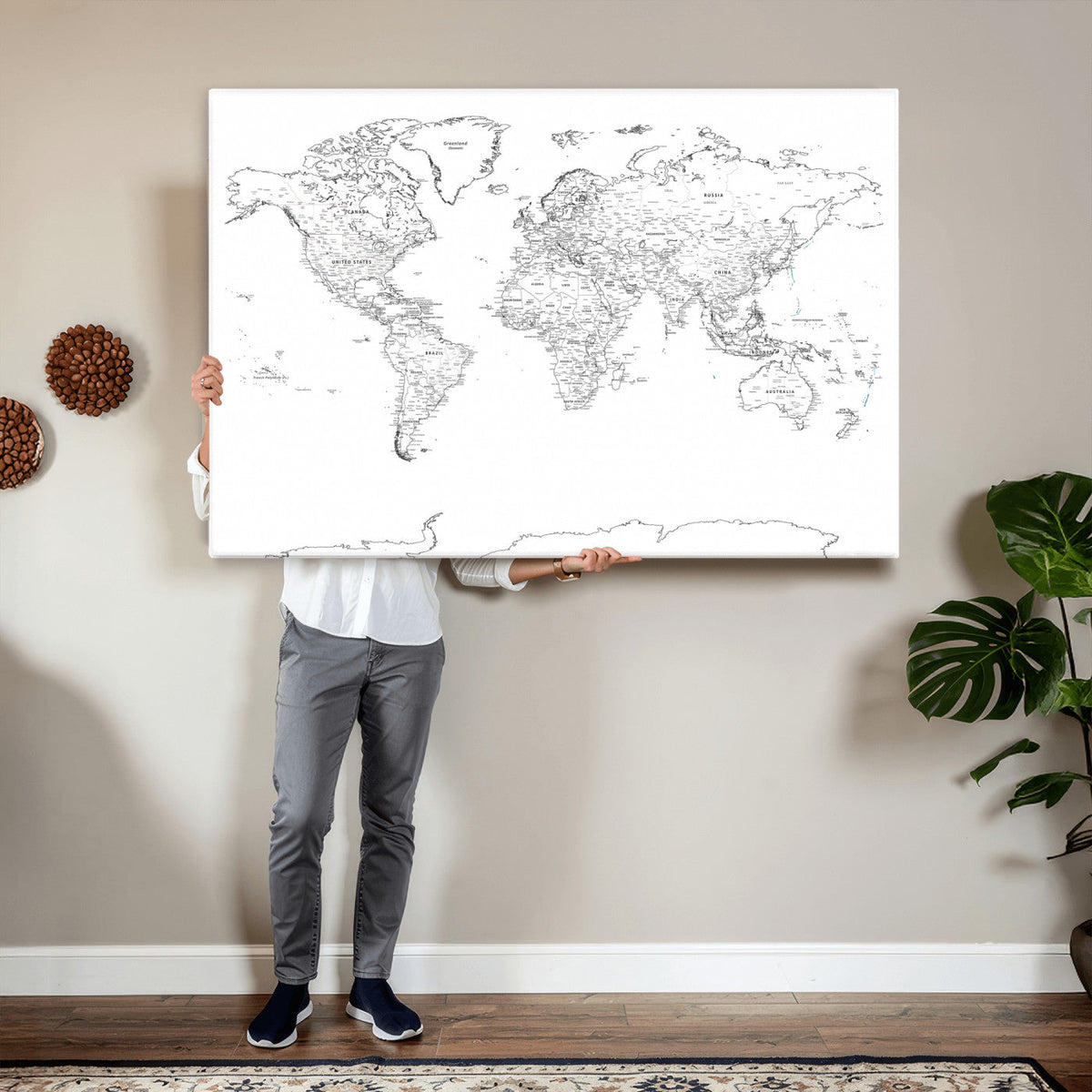 World Map Canvas Print, Framed Modern Detailed Map of the World for Home or Office