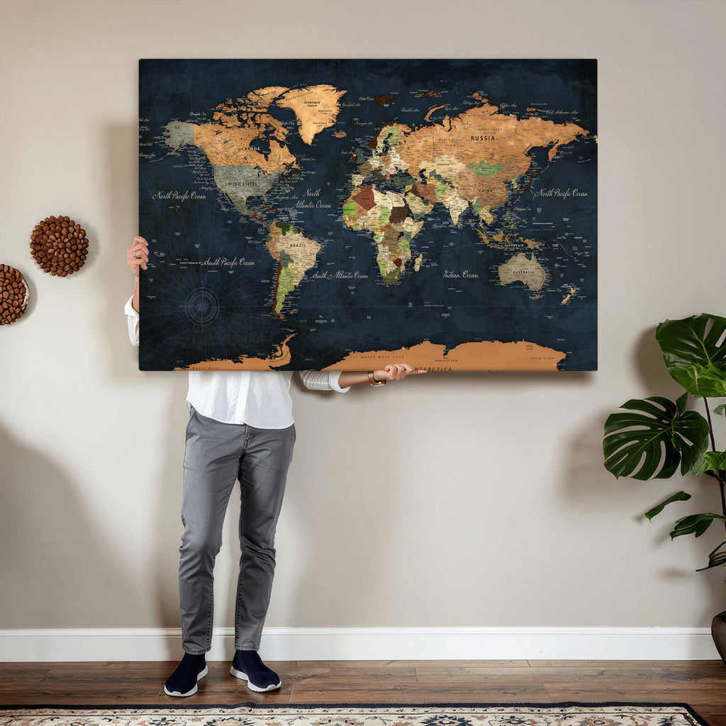 Vintage World Map Canvas Wall Art | Detailed Map with Countries, Oceans and Continents