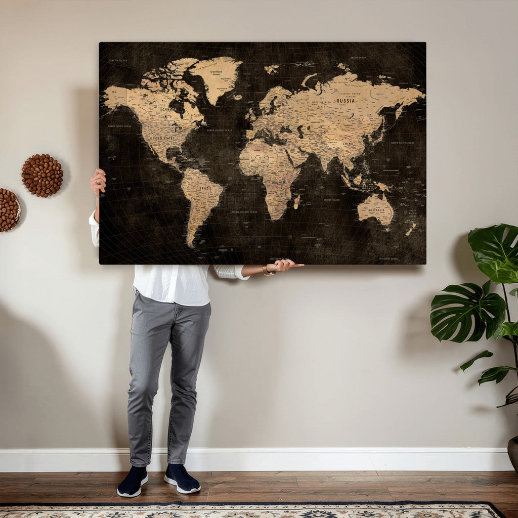 Brown World Map Canvas Print | Modern Travel Map Wall Art