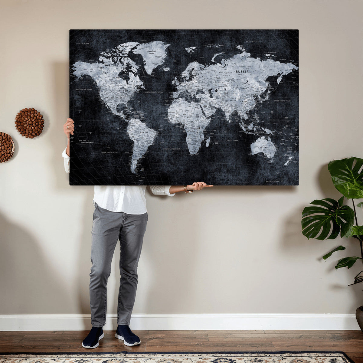 Black World Map Canvas Print | Detailed Map for Couples and Anniversary Gift