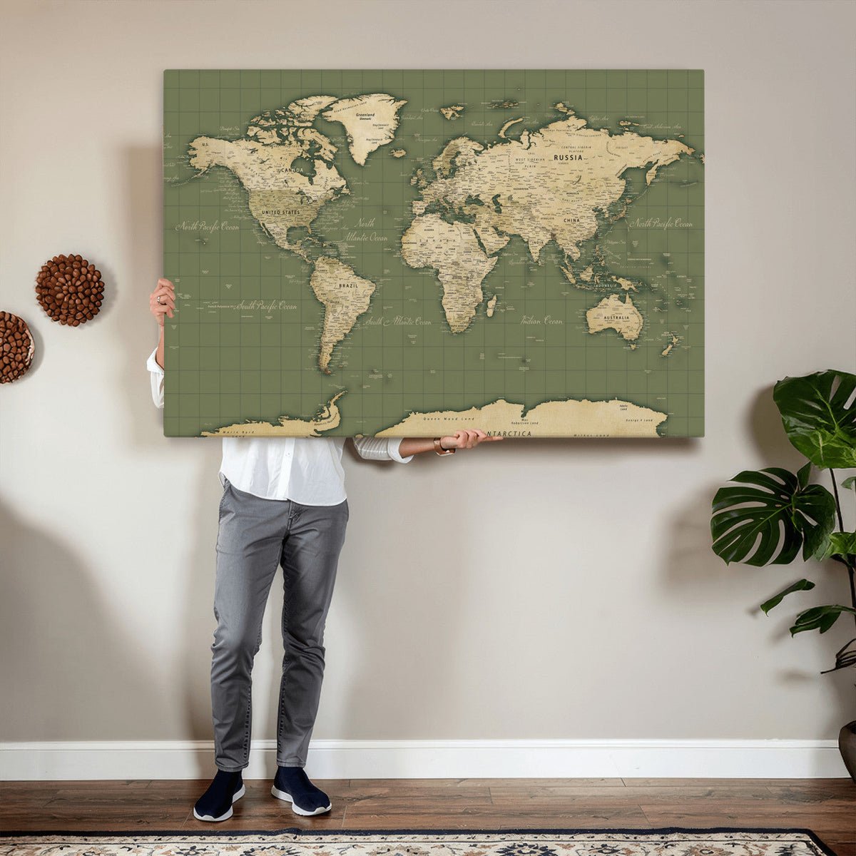 Vintage World Map Canvas Wall Art Print, Classic Global Map Artwork