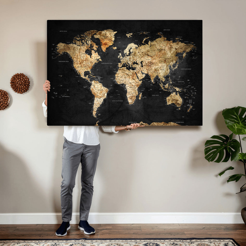 World Map Canvas Wall Art with Famous Landmarks | Framed Travel Map