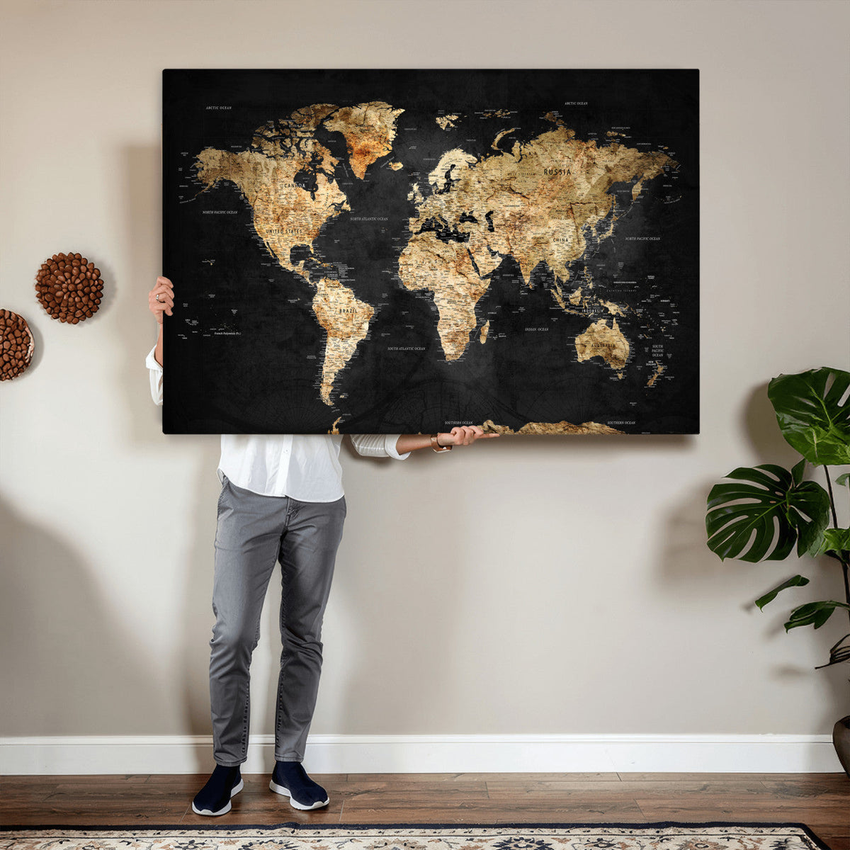 World Map Canvas Wall Art with Famous Landmarks | Framed Travel Map
