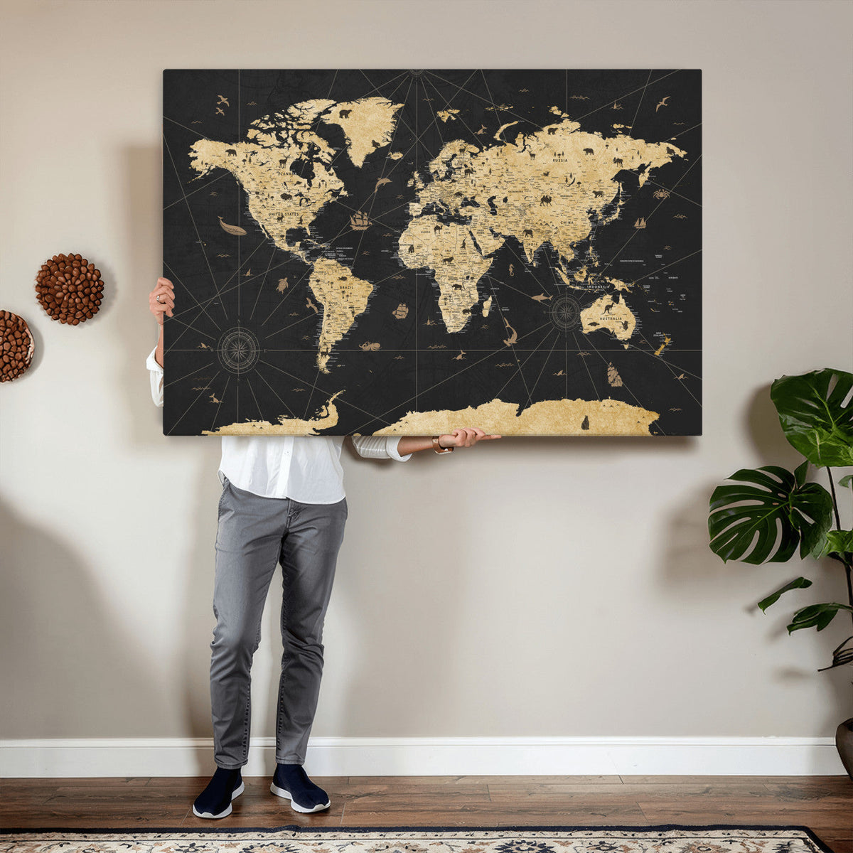 Vintage Blue and Brown World Map Canvas Wall Art | Framed Rustic Map Print