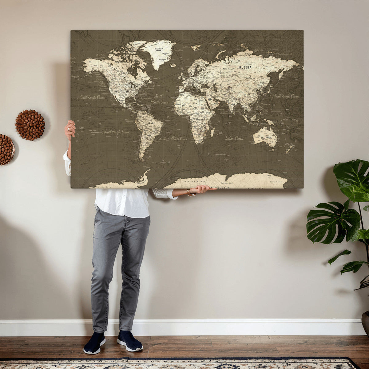 Vintage World Map Canvas Print | Framed Travel Map Wall Art for Couples