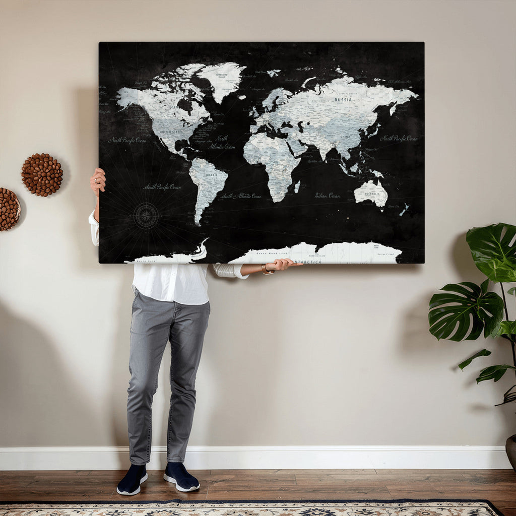World Map Canvas Print | Framed Push Pin Wall Art, Color Splash Travel Map