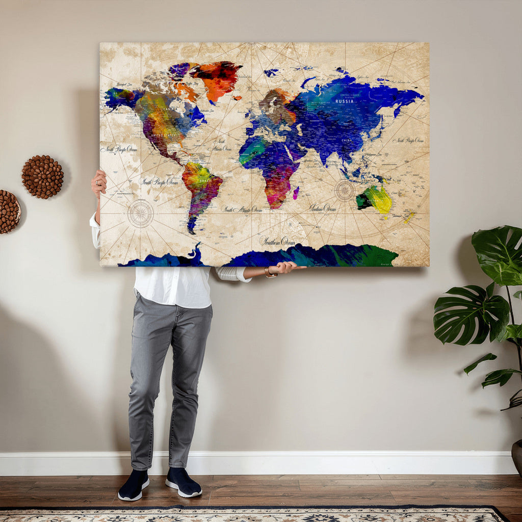 Watercolor World Map Canvas Print | Framed Wall Art for Couples