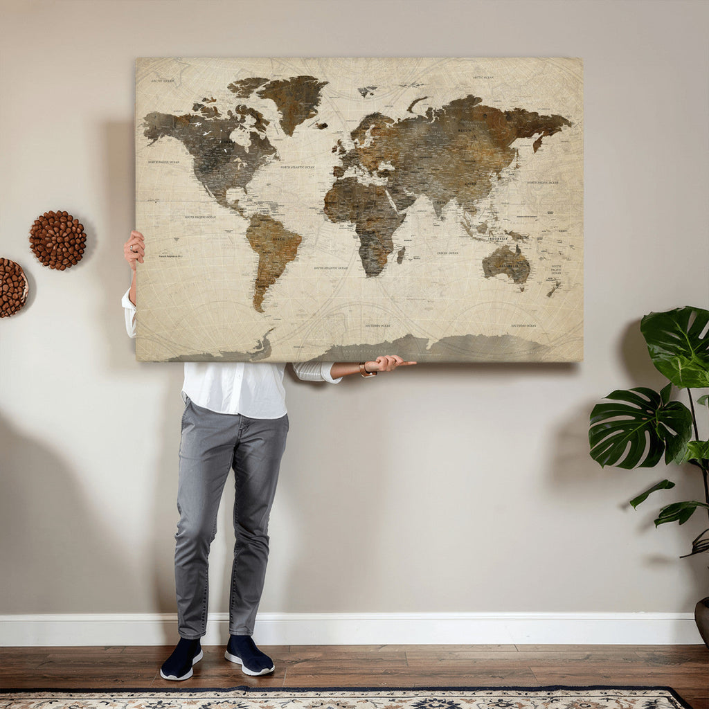 Vintage World Map Canvas Wall Art | Framed Antique Style Travel Map