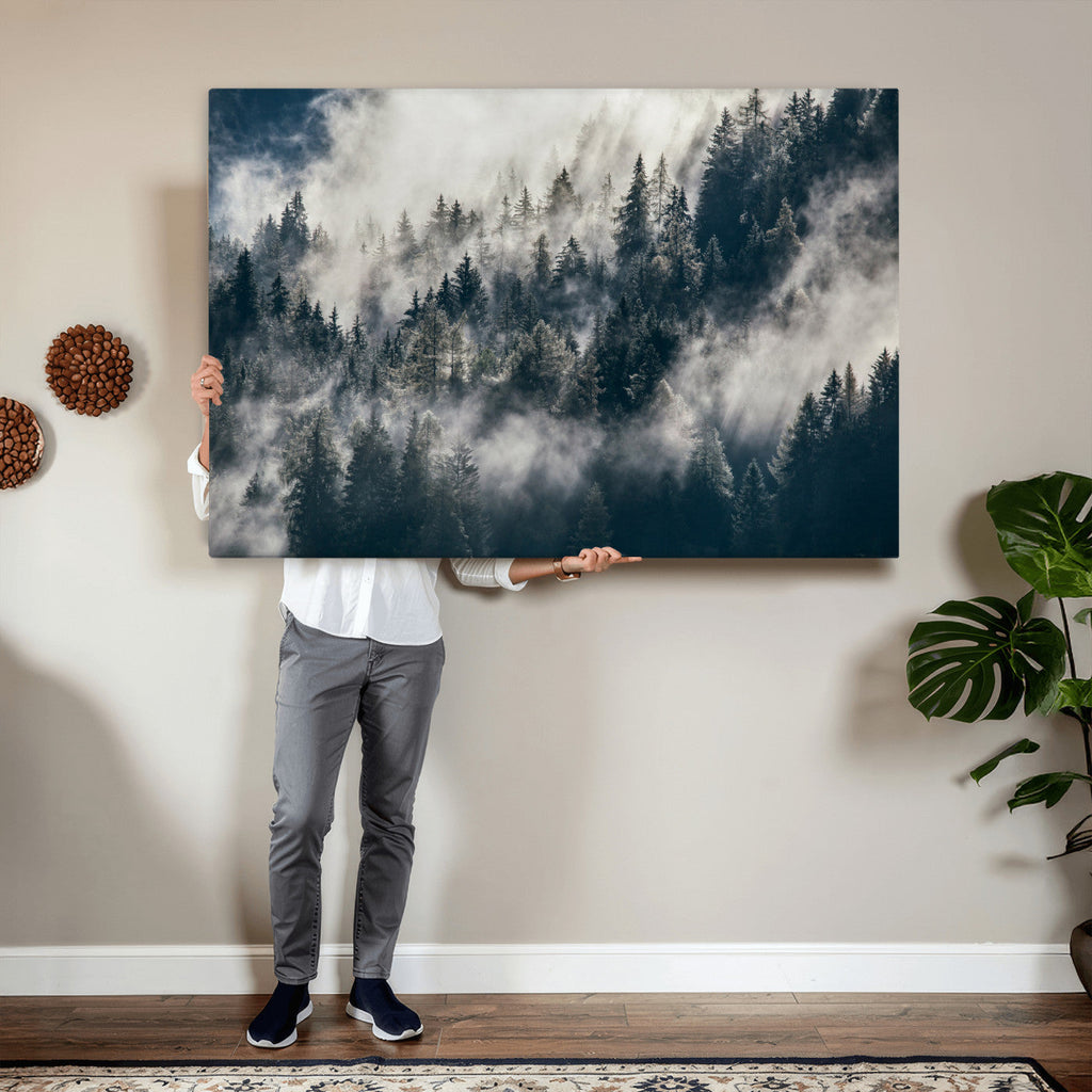 Foggy Mountain Forest Canvas Print, Misty Pine Trees Nature Wall Art