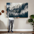 Foggy Mountain Forest Canvas Print, Misty Pine Trees Nature Wall Art