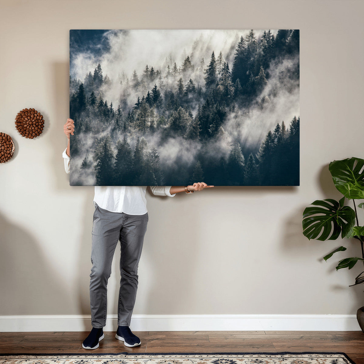 Foggy Mountain Forest Canvas Print, Misty Pine Trees Nature Wall Art