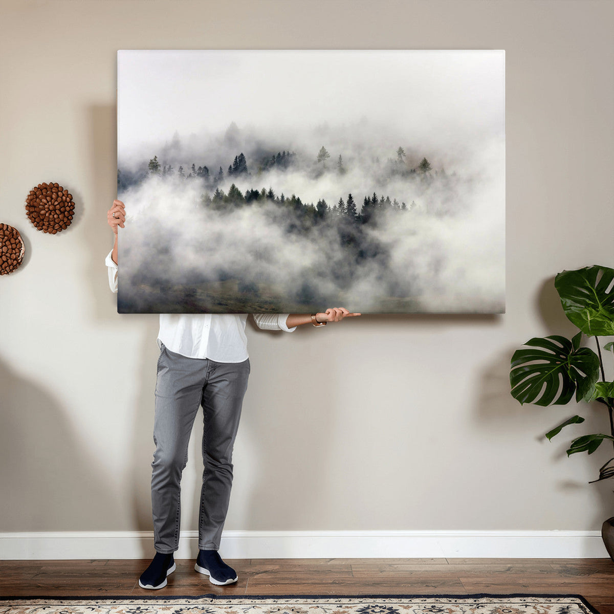 Foggy Forest Wall Art Canvas Print, Misty Pine Tree Landscape