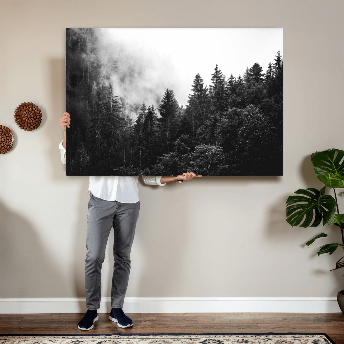 Black White Forest Wall Art Canvas Print, Misty Pine Tree Landscape