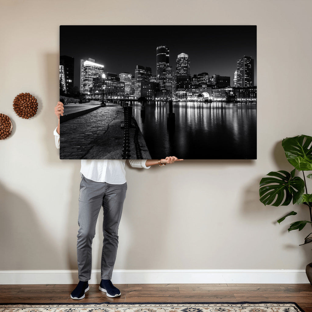 Boston Wall Art Canvas Print, Boston City Downtown Night Cityscape