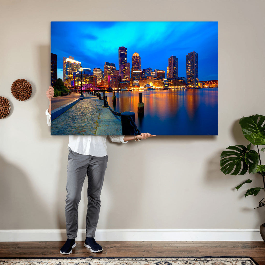 Boston Wall Art Canvas Print, Boston City Downtown Night Cityscape