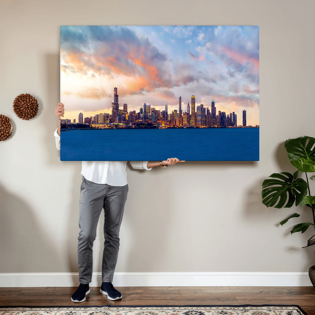 Chicago Wall Art Canvas Print - Chicago City Downtown Night Cityscape