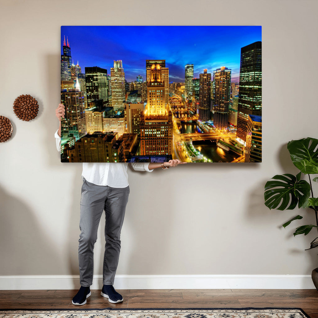 Chicago Wall Art Canvas Print - Chicago City Downtown Night Cityscape