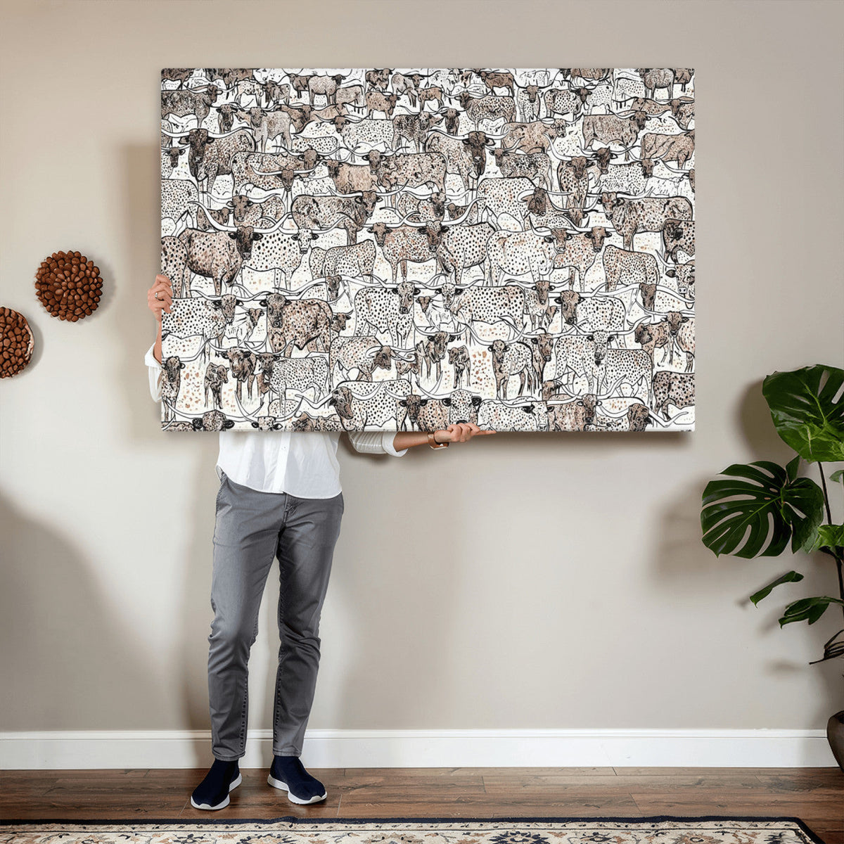 Abstract Texas Cow Wall Art Canvas Print, Farm Longhorn Art for Cabin Decor