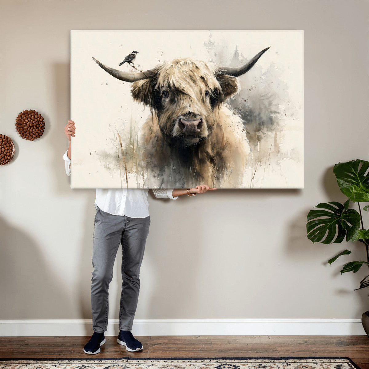 Abstract Highland Cow Wall Art Canvas Print, Rustic Farm Cattle Portrait