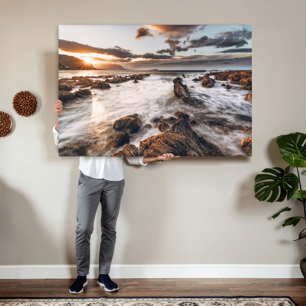 Rocky Coast Ocean Sunset Wall Art Canvas Print, Dramatic Seascape Nature Decor
