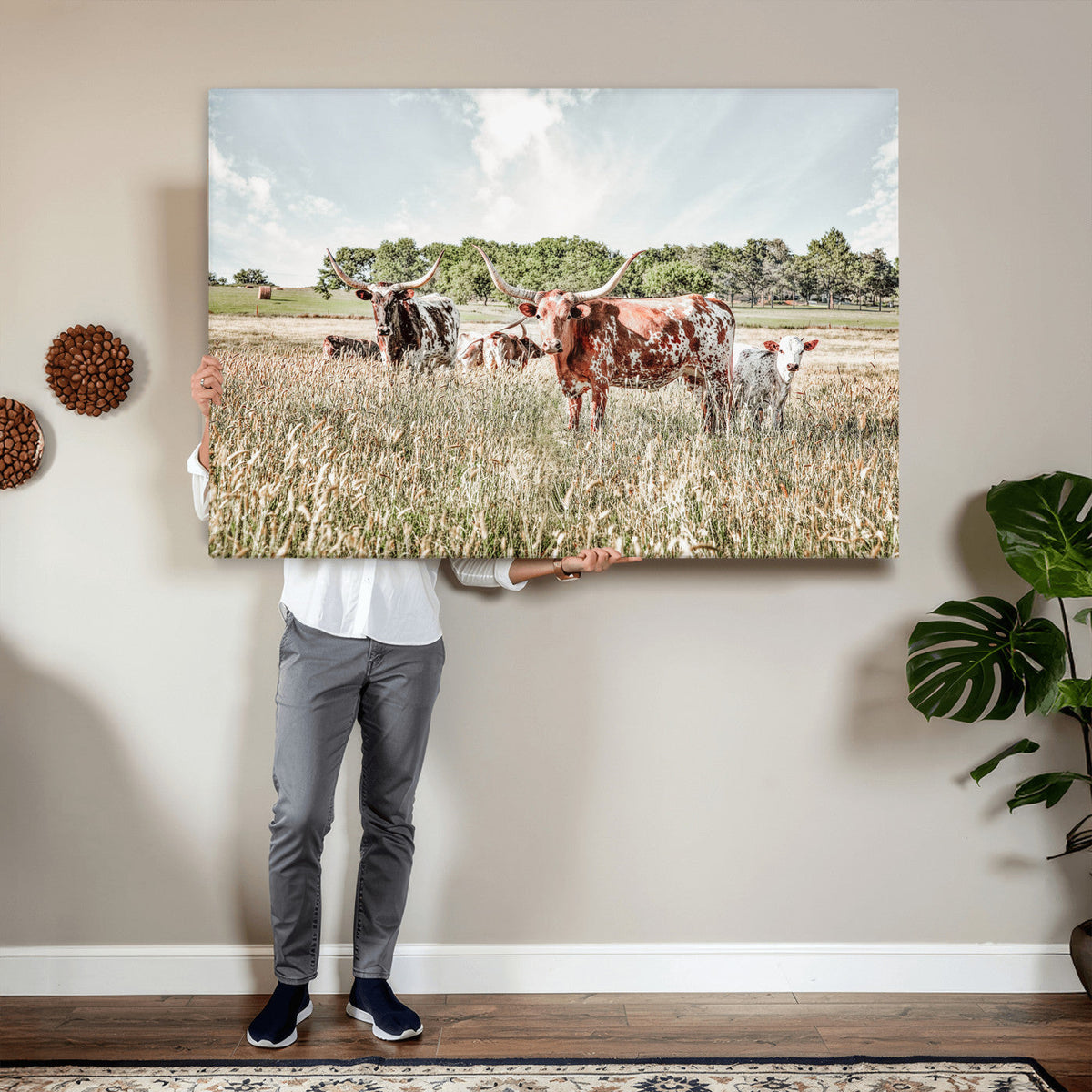 Texas Longhorn Cattle Wall Art Canvas Print, Western Ranch Landscape Decor