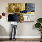 Gold Navy Abstract Wall Art Canvas Print, Modern Luxury Geometric Art for Living Room and Office