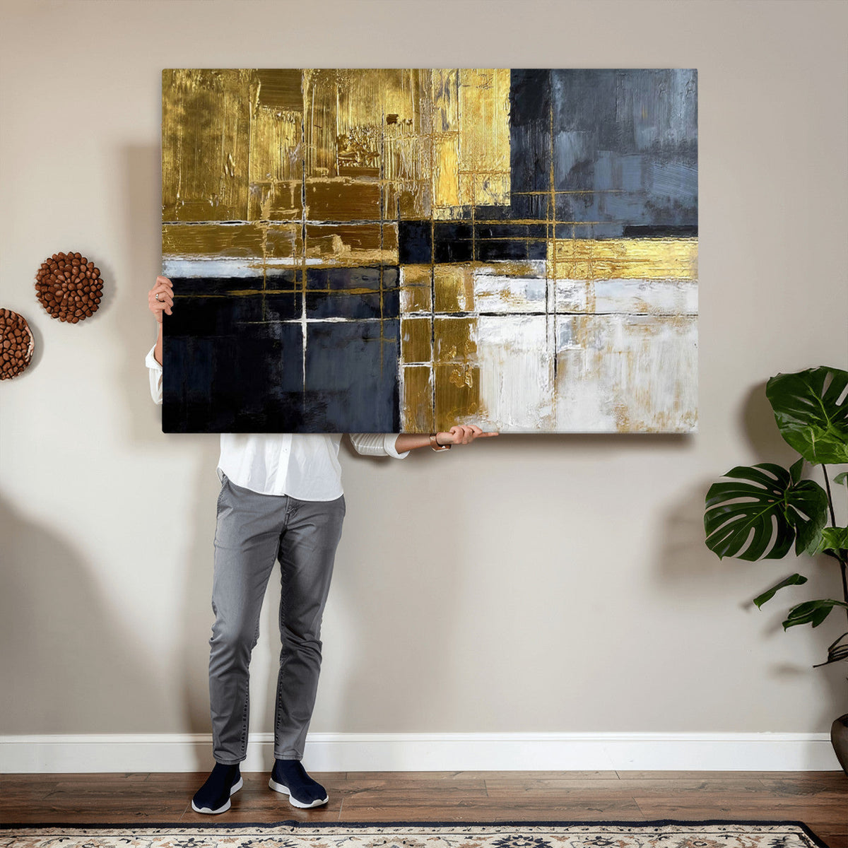Gold Navy Abstract Wall Art Canvas Print, Modern Luxury Geometric Art for Living Room and Office