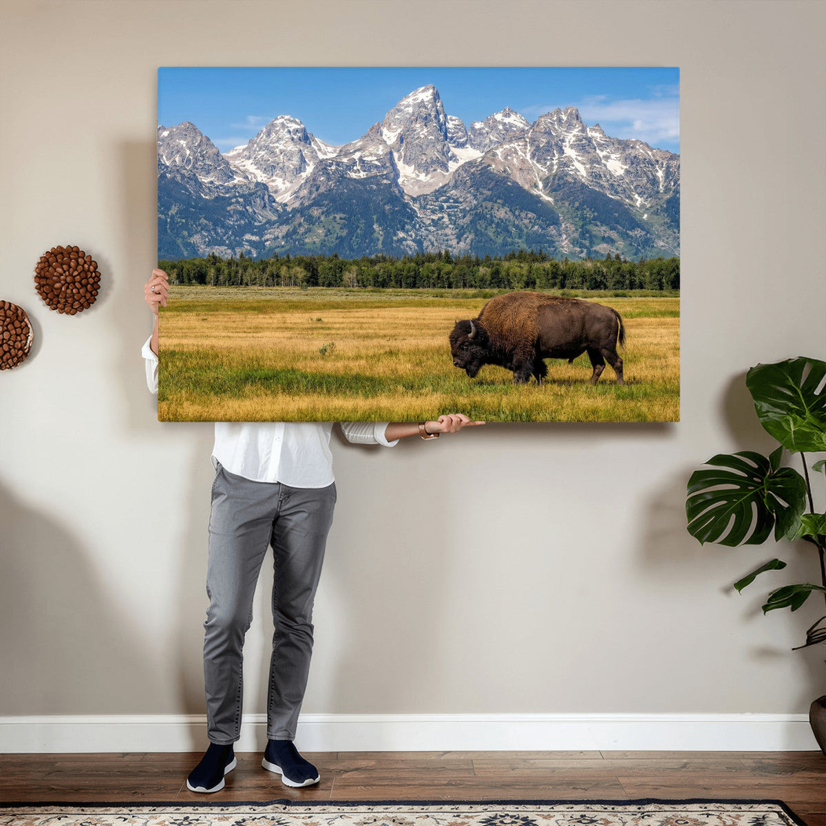 Bison in Mountain Landscape Wall Art Canvas Print, Western Decor