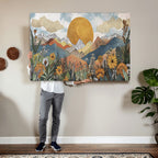 Boho Mountain Landscape Large Wall Art, Horizontal Gold Sun and Flowers Print
