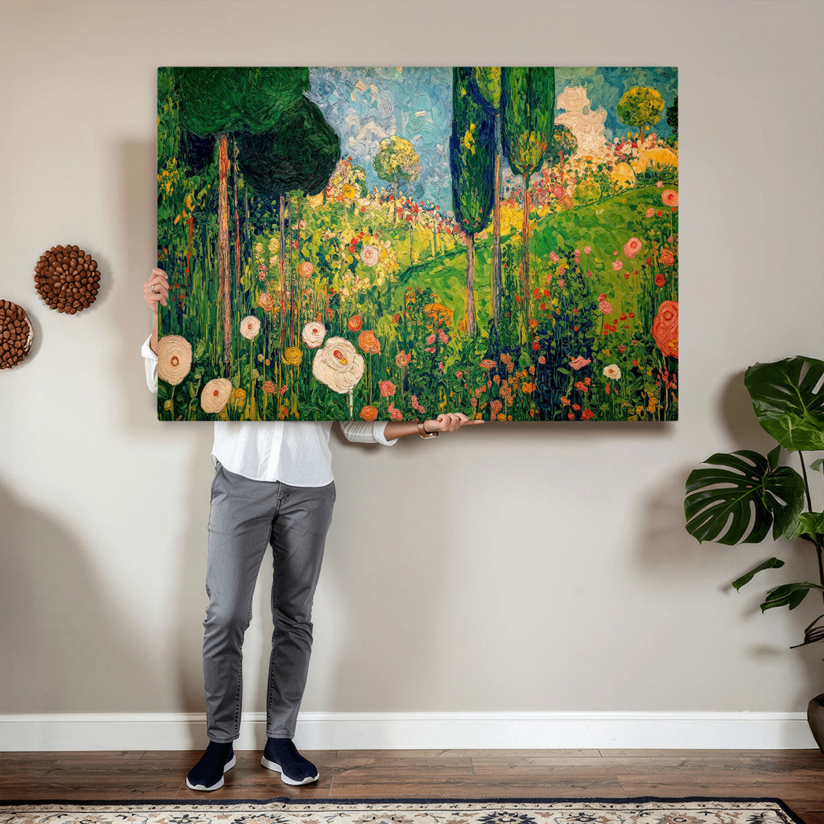 Gustav Klimt Boho Mountain Landscape Large Wall Art, Gold Sun and Flowers Print